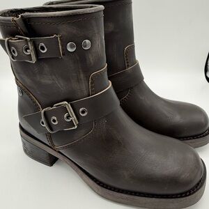 Steve Madden Brown Leather Ankle Moto Boots Buckle Strap